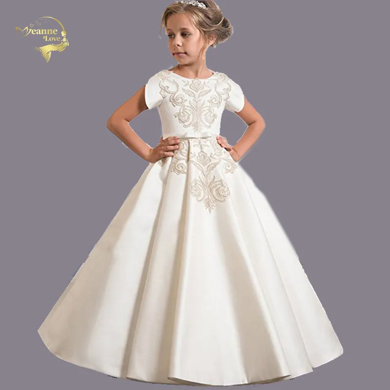 

Children's Long Party Dress Flower Girl Dress for Wedding Short Sleeves Embroidery A Line Floor Length Satin Baby Costume Cloths