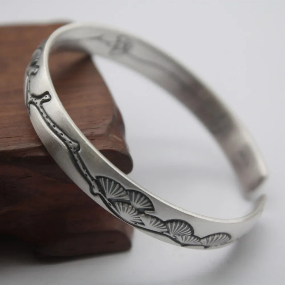 

New Style Real S999 Sterling Silver Bangle Cuff Women Leaf Bracelet 55-58mm