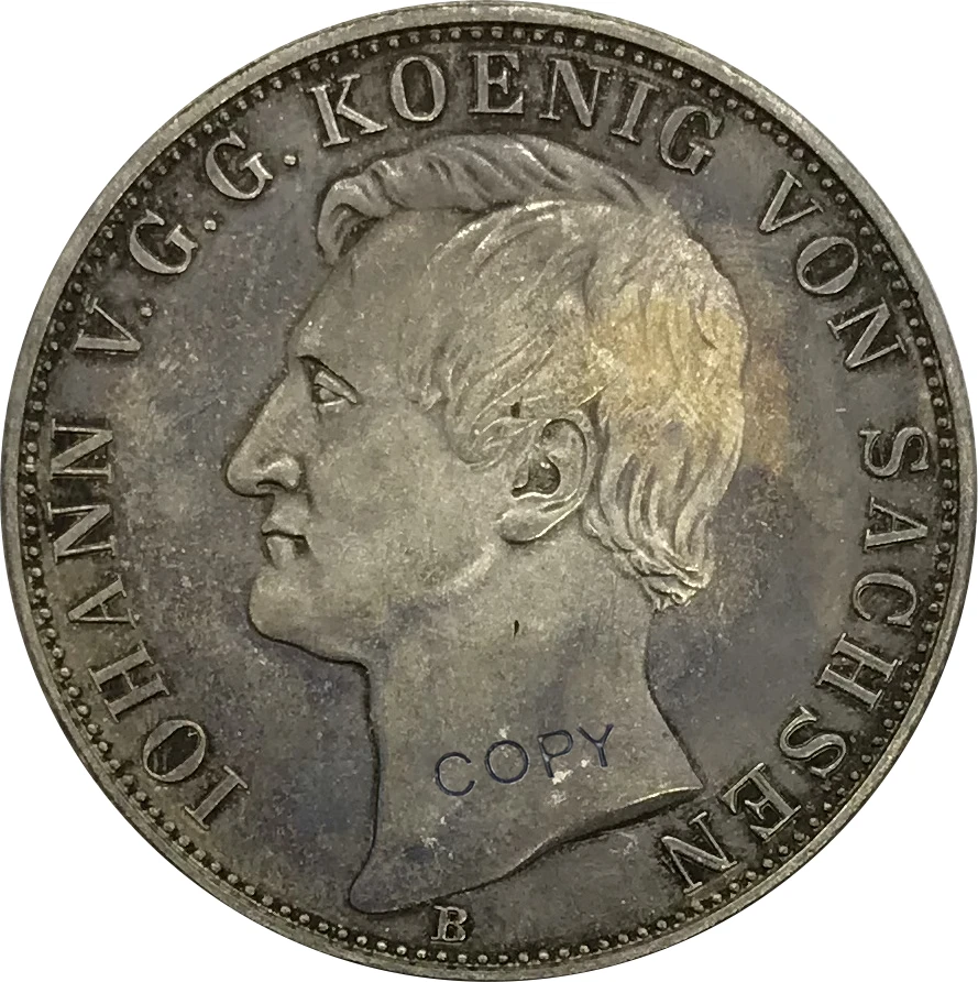 Немецкие Штаты 2 вереингера 1861 B King Johann of Saxony Cupronickel Посеребренная копия монеты |
