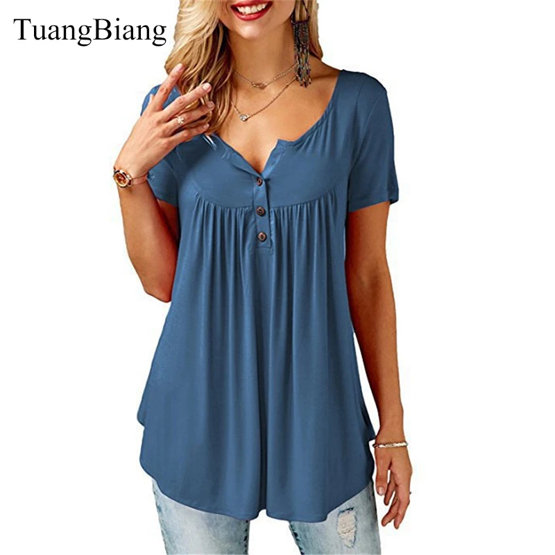 

TuangBiang 2020 Women Summer V-Neck Short Sleeve T shirts Loose Sexy camiseta feminina T Shirts Female Plus Size Long Style Tops