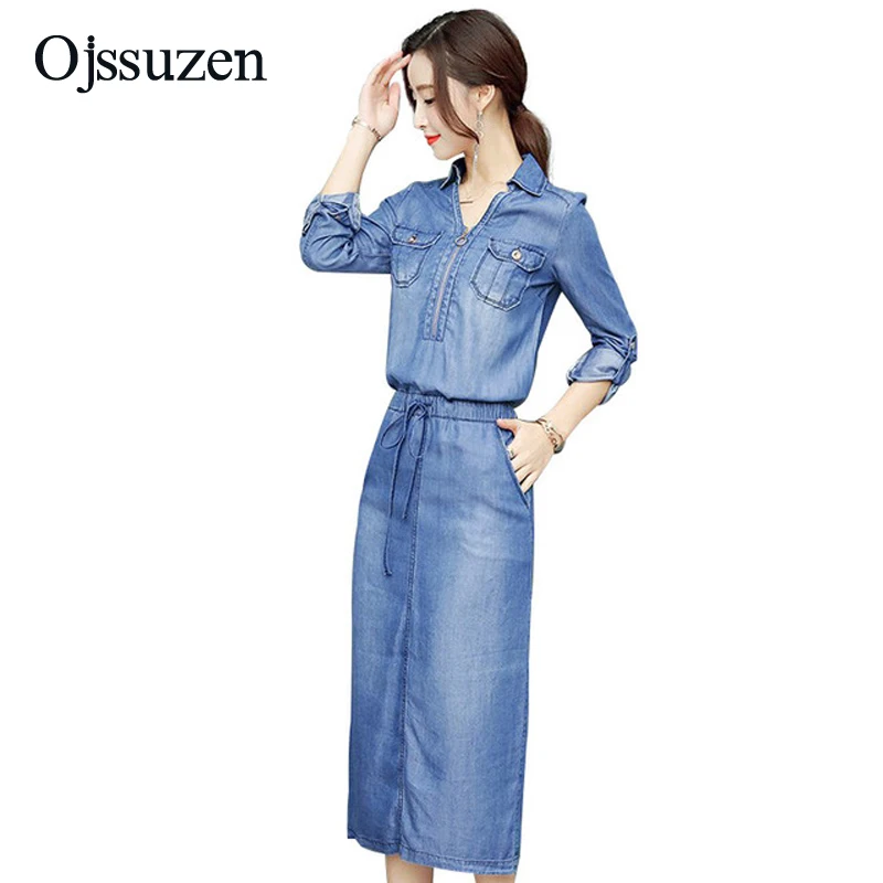 Summer Dress Long Women Denim Dress Casual Cotton Washed