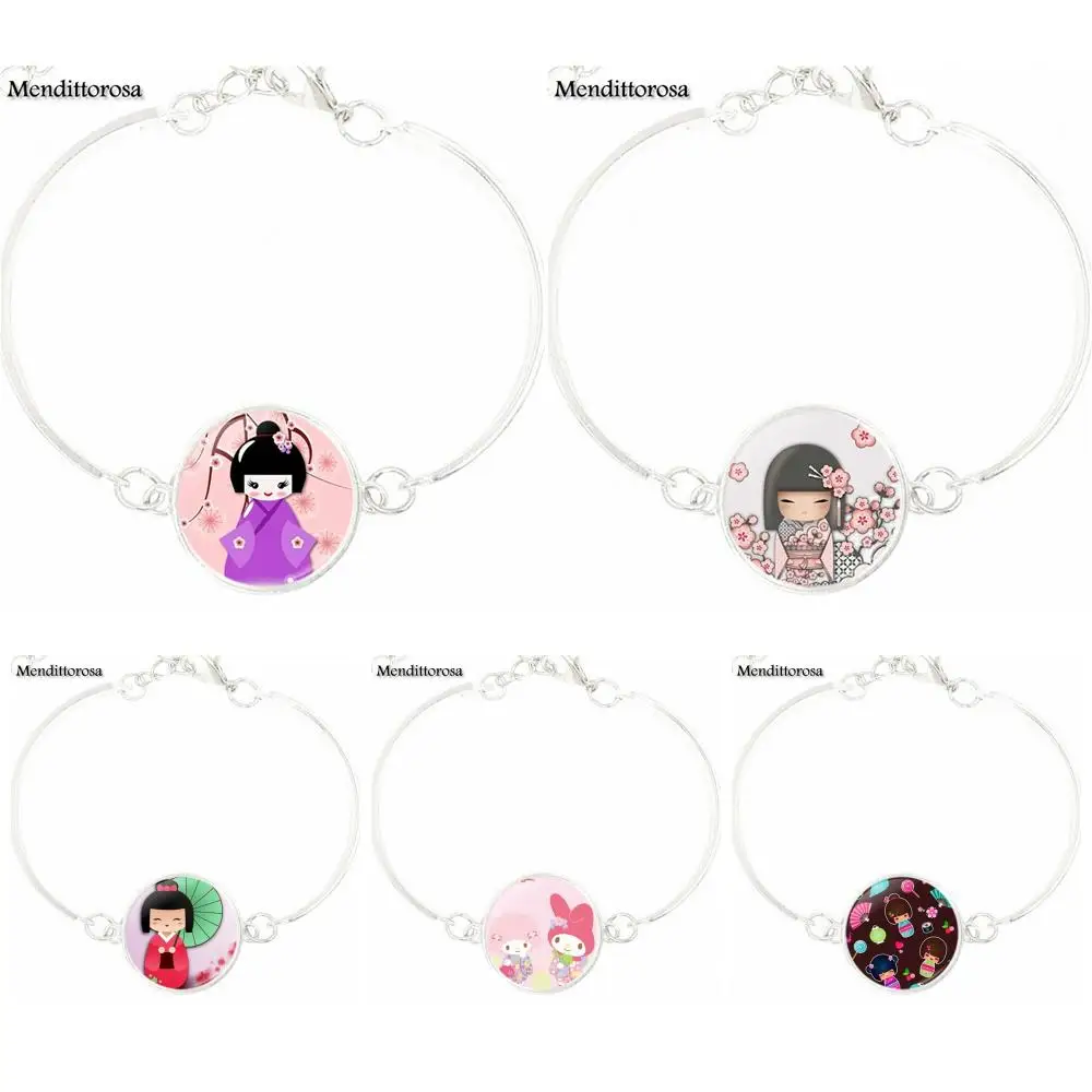 Carino Giapponese Kokeshi Doll Placcato Argento Dichiarazione Braccialetto Braccialetto Braccialetto Fatto A Mano Braccialetti Per Matrimonio