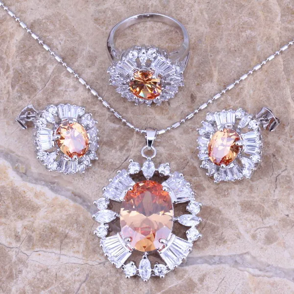 

Champagne Morganite White CZ Silver Jewelry Sets Earrings Pendant Ring For Women Size 5.5 / 8 / 9 S0031