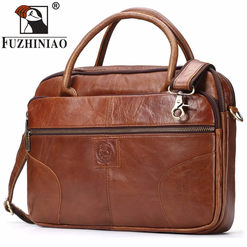 

FUZHINIAO Men's Briefcase Tote Men Messenger Bag Brands Travel Laptop For Document Business Genuine Leather Shoulder Bags Male