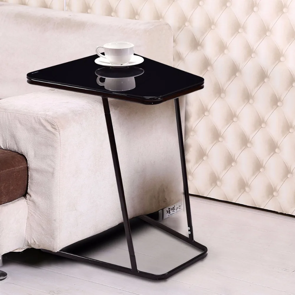 Goplus Modern Glass Top End Table Accent Side Snack Coffee Sofa Table Portable Black C Shape Home Steel Coffee Table HW56084