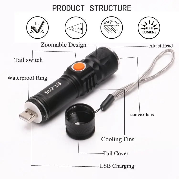 Excellent 8000 LUMS USB Inside Battery Rechargeable Bicycle Flashlight -T6 LED Bike Light Zoom Waterproof ultra bright Flash light 4