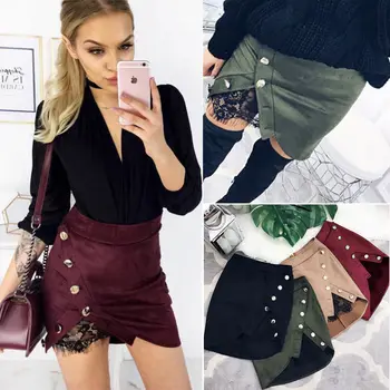 

Women Skirts High Waist Lace Up Suede Leather Pocket Preppy Short Mini Skirts New Fashion Women Clothes Sexy