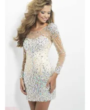 Vestidos de Coctel 2016 Sexy Frauen Sheer Long Sleeve Cocktail kleid Mit Open Back Kristalle Wulstige Nach Maß Kurze Prom kleider