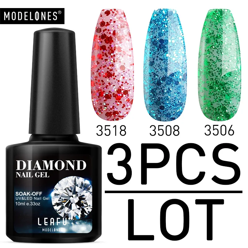 

Modelones 3Pcs/Lot Sequins Nail Gel Polish Set Diamond Glitter UV Gel Lacquer Nail Enamel Set Semi Permanent Blue Color Gel Kits
