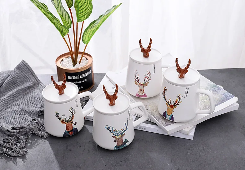 Креативные керамические чашки с изображением рога в скандинавском стиле с крышкой, кружки с рисунками из мультфильмов, кружки для влюбленных, кружки для кофе, милые молочные кружки, рождественские кружки