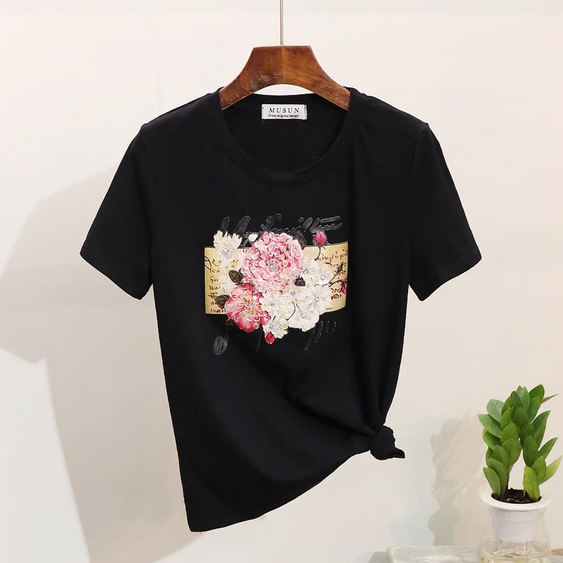 

2019 Spring Summer Women t shirt short-sleeve sequined floral tshirt cotton tops