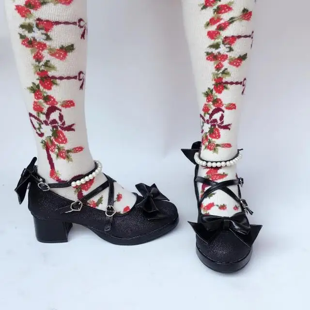 Womens-Shiny-Black-Silver-Sequin-Pumps-Bow-Strap-Cross-Pearl-Ankle-Strap-Princess-Lolita-Shoes-Custom-Tailor-Available- 21