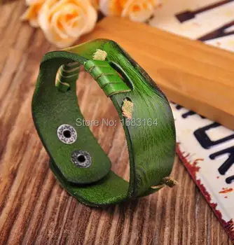 

Green Cool Genuine Leather Wristband Bracelet Cuff Wrap Lined&Contrast New Mens