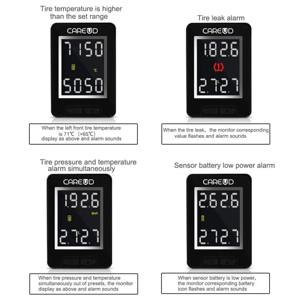 CAREUD U912 автомобиль TPMS Беспроводной шин Давление мониторинга Системы 4 Buid в датчиков и ЖК-дисплей Дисплей Встроенный монитор для Toyota