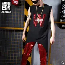 Nightclub ночной клуб мужская новая одежда мода певец ди-джей GD коллаж футболка брюки с блестками комплект размер плюс мужской сценический костюм