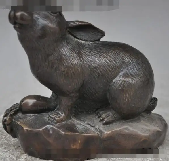 

S01606 6"Chinese Bronze FengShui Zodiac Animal Cute Rabbit Bunny Carrot lucky statue (B0413)