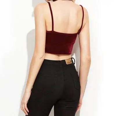 Глубокий v-образный вырез ремень затянуть Midriff Camisole женский сексуальный короткий держатель топы Модные красные бархатные Топы вечерние Одежда для ночного клуба