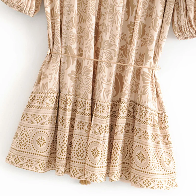 Женское винтажное мини платье boho гофрированное пляжное с цветочным принтом и