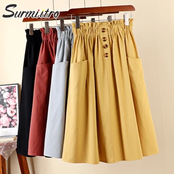 

Surmiitro Knee Length Cotton Summer Midi Skirt Women 2020 Fashion Korean Yellow White A-line High Waist Sun School Skirt Female