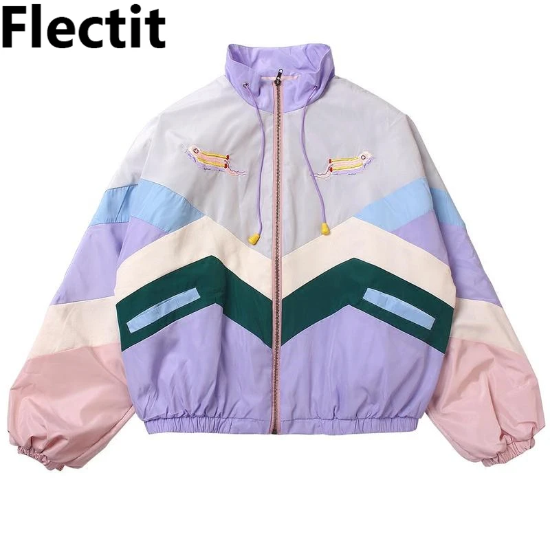 Koop Flectit Vrouwen Pastel Bomber Jacket Leuke Borduren Kleur Blok Stofdoek Souvenir Sukajan Jas Japanse Meisjes Harajuku Stijl *