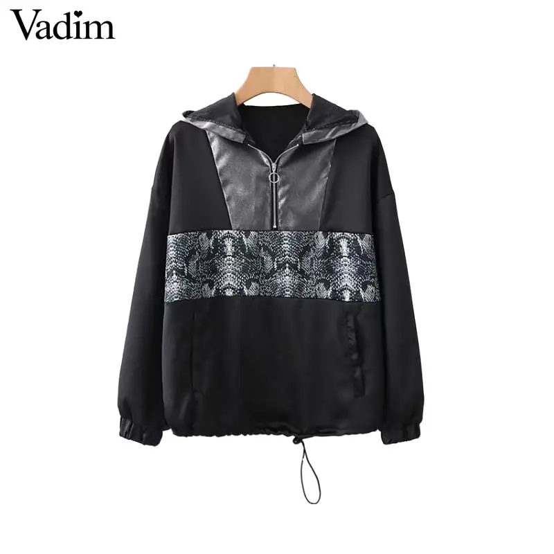 

Vadim animal print patchwork hooded loose sweatshirts snake print with pockets long sleeve pullovers oversized tops HA175