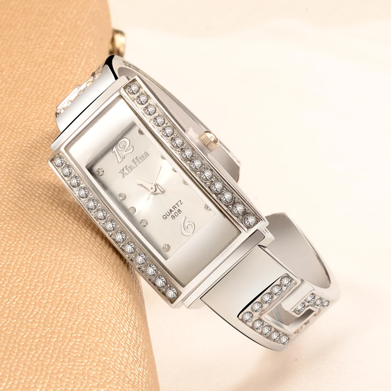 Модные серебряные женские часы роскошные часы с бриллиантовым браслетом женские часы Прямоугольные женские наручные часы Montre Femme Reloj Mujer