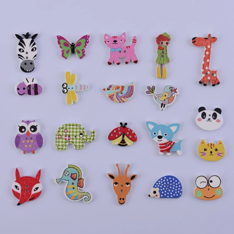 

50 Pcs Decorative Button for Children Scrapbooking Accessories Sewing Mixed Flower Wooden Buttons Printing Clothes Crafts Animal