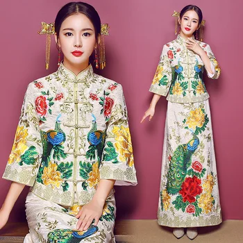 

Classic Women Marriage Set Exquisite Rhinestone Peacock Cheongsam Vintage Ladies Full Length Qipao Bride Wedding Party Dress
