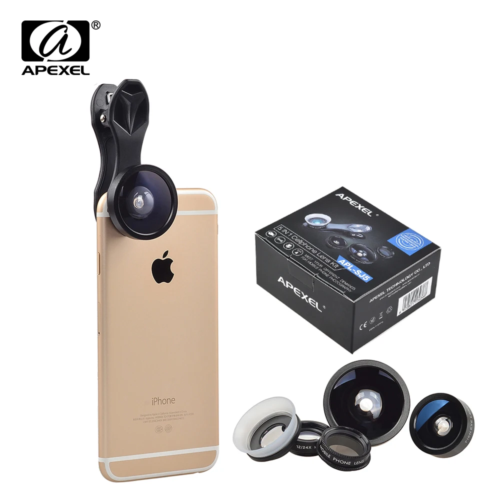 imágenes para APEXEL NUEVA 5 en 1 Clip de cristal Kit de Lentes (ojo de pez gran angular 12X/24X macro, y polarizador lente) para los teléfonos móviles iPhone 5 6 7 SJ5 imágenes para APEXEL NUEVA 5 en 1 Clip de cristal Kit de Lentes (ojo de pez gran angular 12X/24X macro, y polarizador lente) para los teléfonos móviles iPhone 5 6 7 SJ5