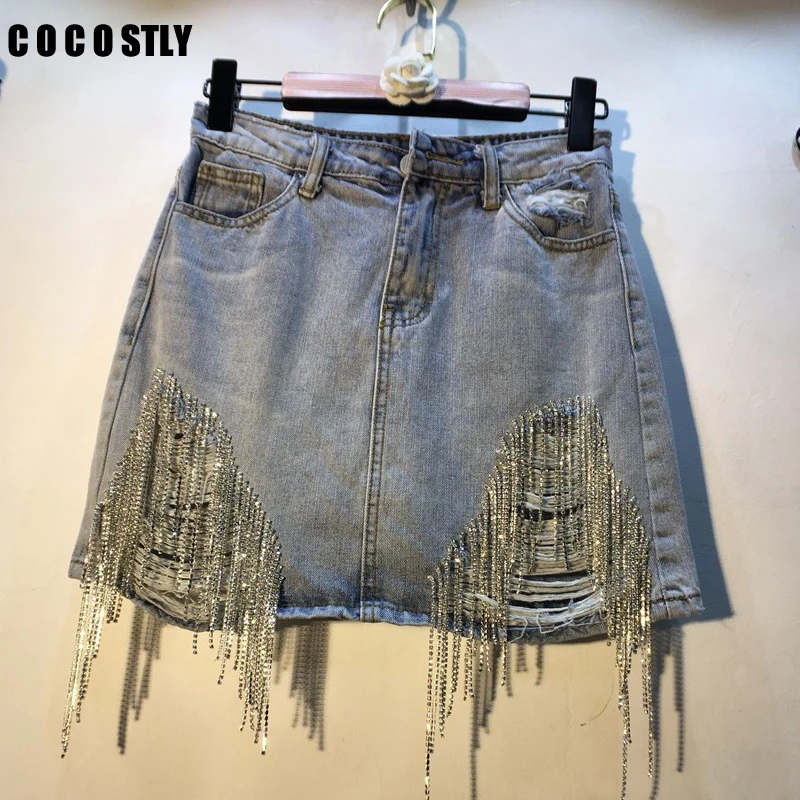 

European Women Ling Blue Denim Skirt Summer 2019 New Rhinestone Drilled High Waist Hole Jean Skirt Short Mini Skirts Girls Lady