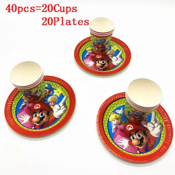 

20Pcs/40pcs Mario Bros Party Supplies Decoration Set Super Mario Game Paper Cup Plate Disposable Tableware Set For Kids