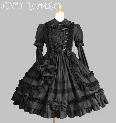 Платья в стиле Лолиты; Пышное Платье принцессы в готическом стиле; костюм Лолиты; кружевное платье с длинными рукавами в винтажном стиле; платье для косплея; - Цвет: Черный