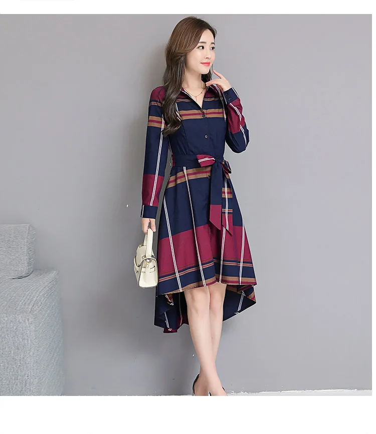 Весенняя Новинка, женская одежда, корейская мода, неравномерное приталенное платье для похудения, летнее, длинное, с коротким рукавом, в клетку, с узким поясом, миди платье