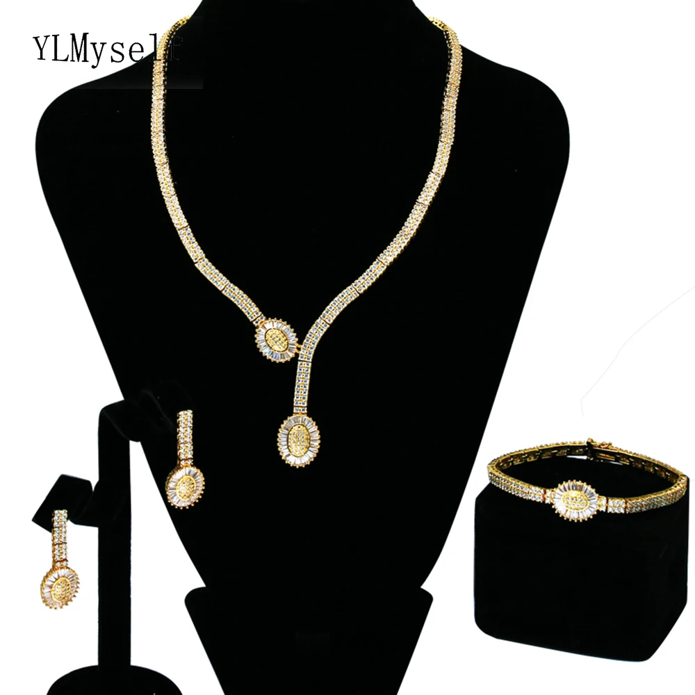 

Charming 4pcs Necklace Earrings Bracelet ring jewelry set for party Saudi CZ crystal quick delivery beautiful large jewelry sets
