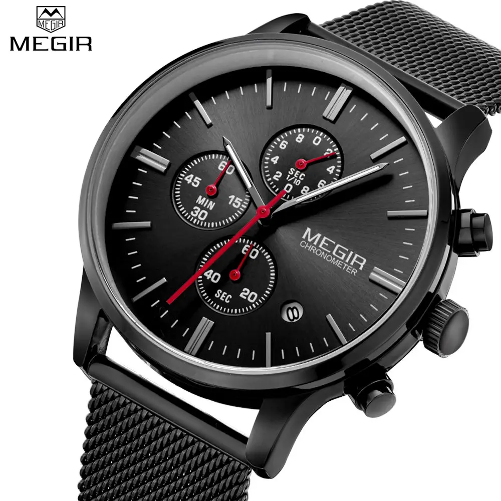 MEGIR Watches Men Stainless Steel Mesh Strap Band Quartz Watch Solid Color Fashion Simple Stylish Top