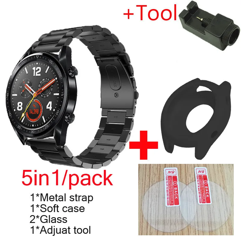 

5in1 For Huawei watch gt strap Metal bracelet smart band Stainless steel Wristband watch GT glass screen protector cases cover