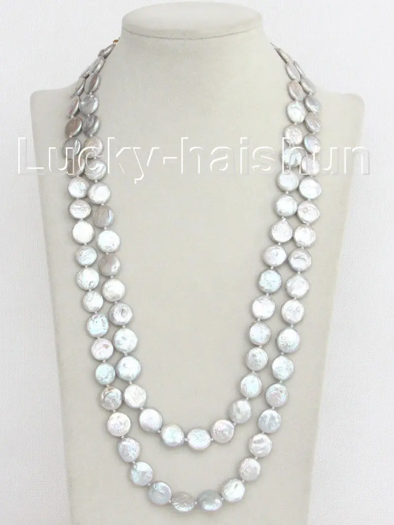

10x10 Jewelry free shipping length 48" 12mm coin fastener gray freshwater pearls necklace