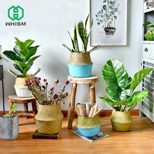 WHISM Seagrass Belly Flower Basket Hit Color Storage Bag Organizer Wicker Plant Pot Home Decor Vase Pots Rattan Nursery Pot