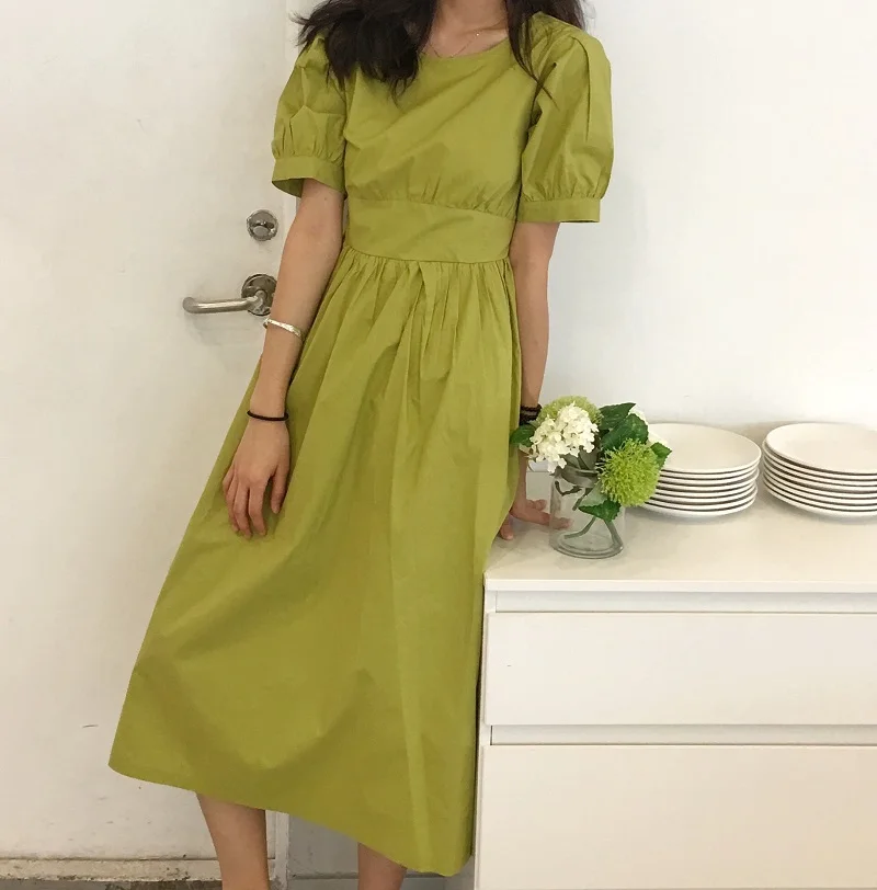

Very Popular Simple One Piece Nice Color Dress High Waist a Line Puff Sleeve Dress Summer Robe Femme Vestido Mujer Vestiti Donna