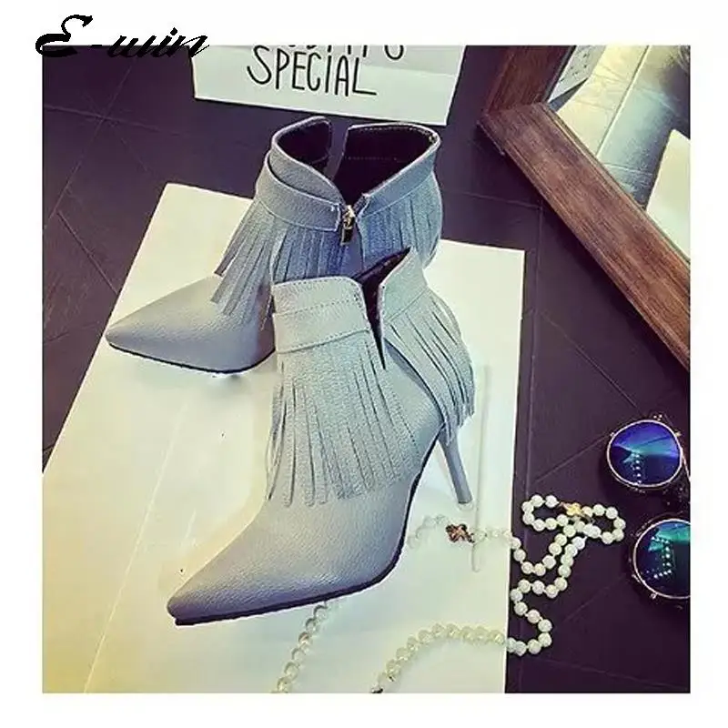 2016 New Autumn Women Tassel High Heel Boots Solid Color Vintage Fashion Women Pointed Toe Ankle Boots Short Boots zipper