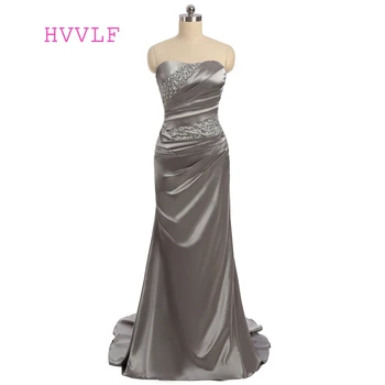 

Hot Sale Gray 2019 Prom Dresses Mermaid Sweetheart Sweep Train Satin Beaded Long Prom Gown Evening Dresses Evening Gown