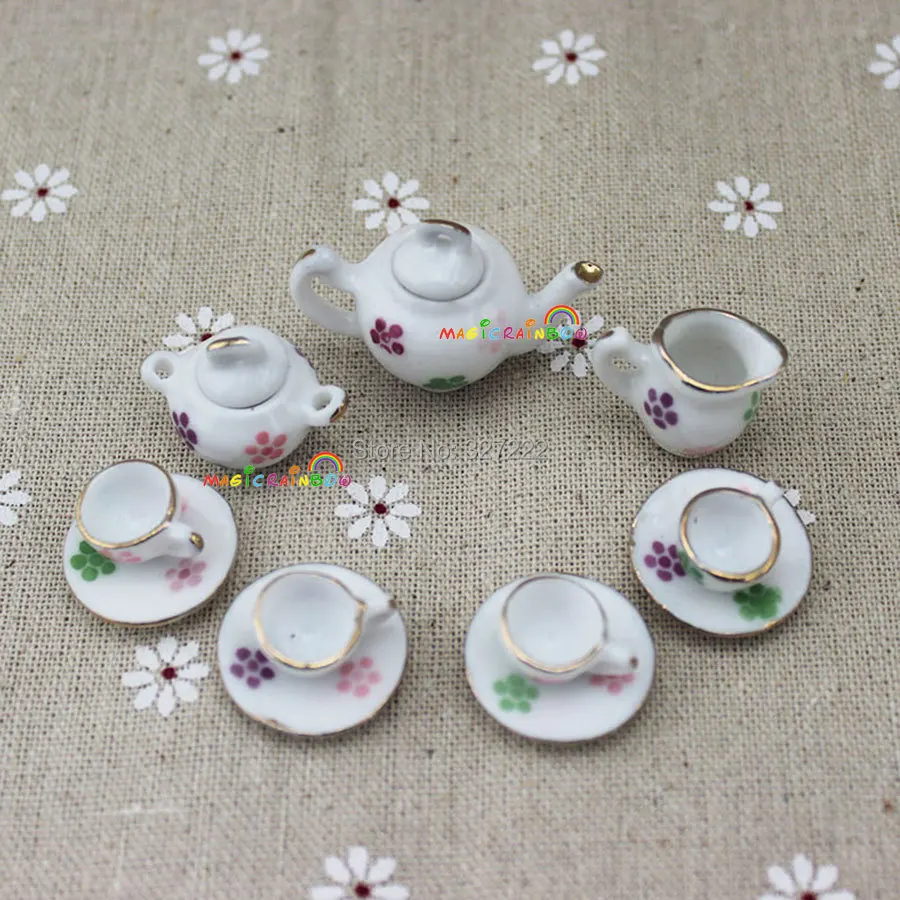Мини кофейный чайный сервиз фарфоровая тарелка тарелки кастрюли чашка чайный горшок 11 шт красочные цветы узор 1 12 Масштаб Кукольный домик миниатюры