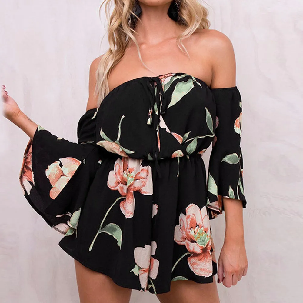 Women Ladies Clubwear Bodycon Rompers Summer Floral Prints Jumpsuit Regular Length Casual Beach