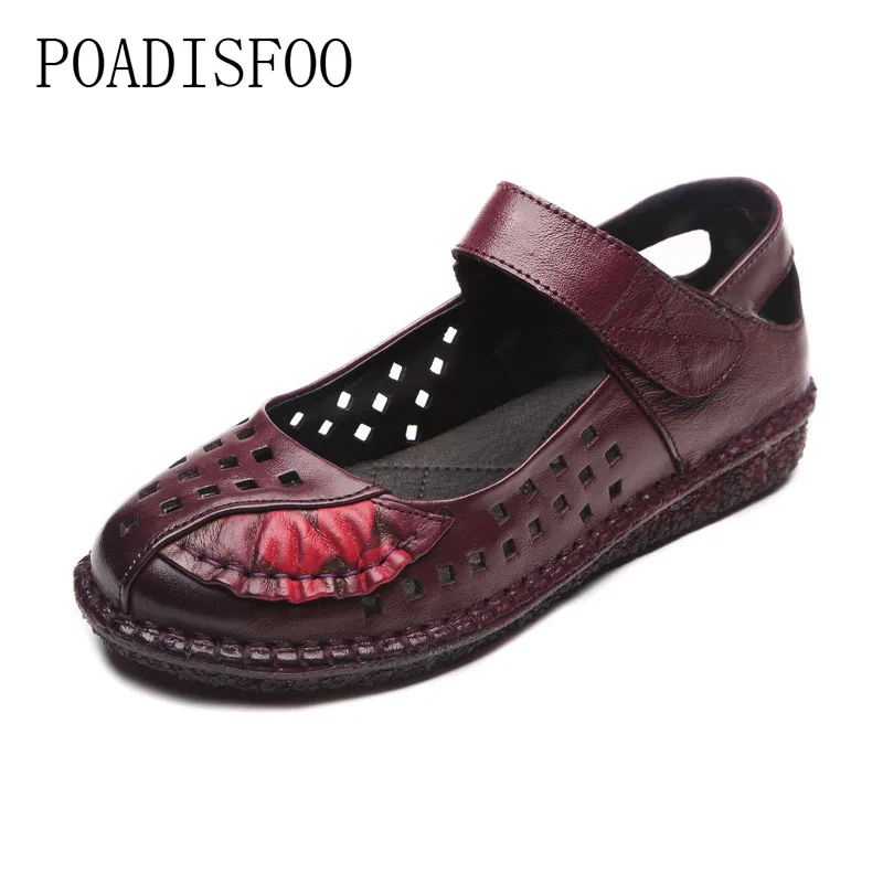 

POADISFOO 2018 new summer leather sandals female flat flat with the air old mother shoes soft comfortable women's shoes.LL-8315