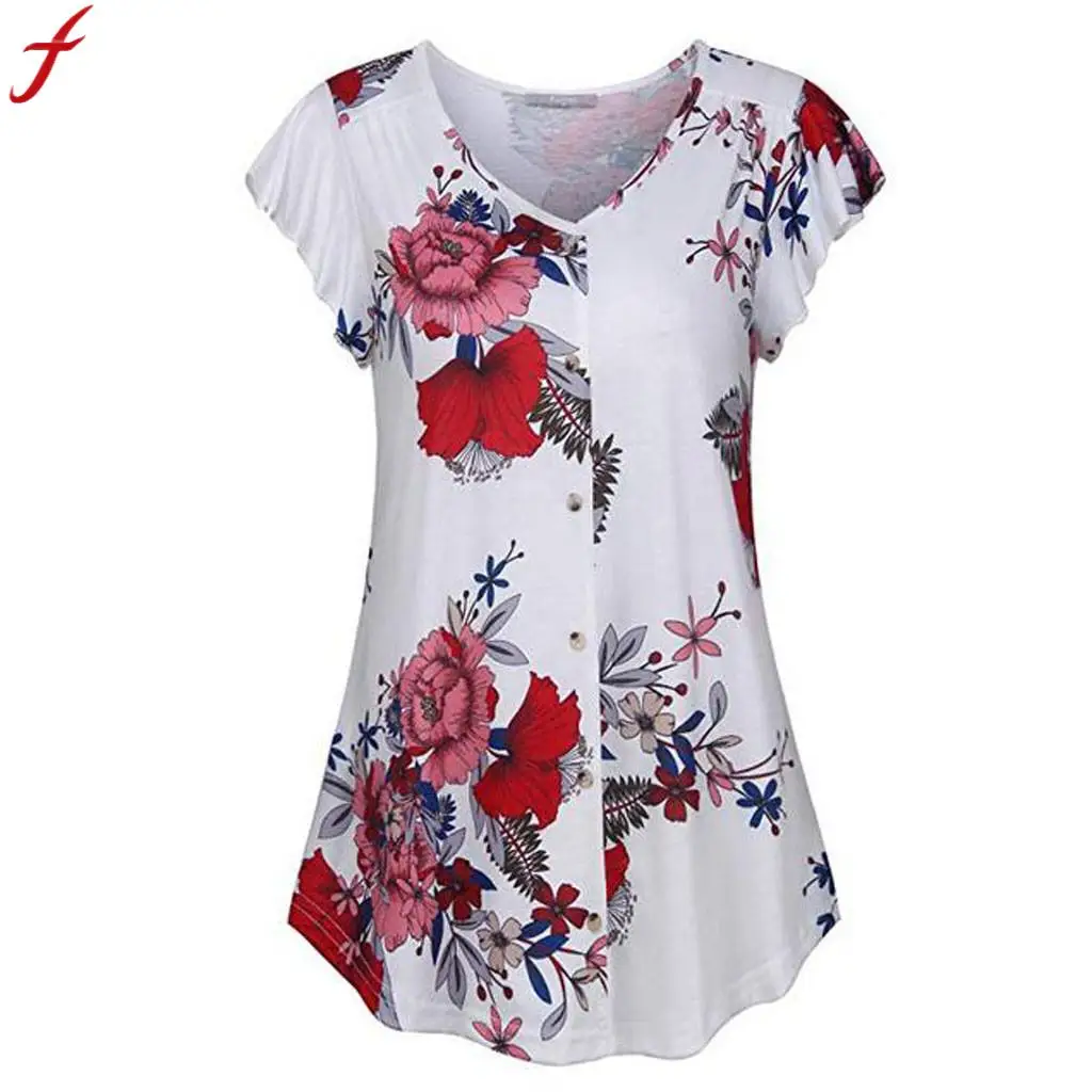 

FEITONG Blouse Women Flowers O-Neck Floral Blouse Short Sleeve Casual Fashion Tops Blouse Tee blusas mujer de moda 2019