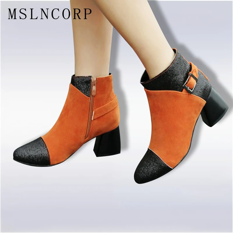 

Size 34-43 New Fashion Boots Women Winter Shoes Square High Heels Pointed Toe Mixed Colors Chelsea Boots Chunky Heel Ankle Boots