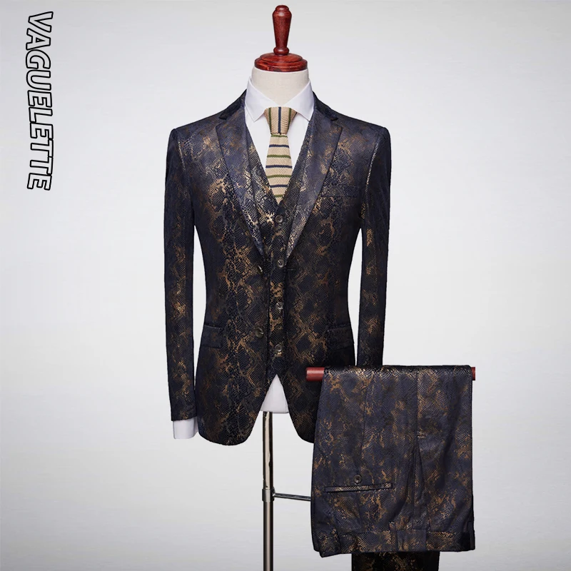 VAGUELETTE Stylish Snake Crocodile Pattern Suit Men Printed Men Suit Slim Fit 3 Piece Stage Suit For Men Nightclub Wear M-4XL