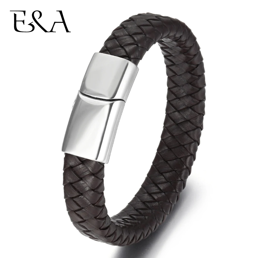 Unisex Braided Genuine Leather Bracelet Stainless Steel Magnetic Clasp for Women Men Gift Trendy Jewelry Woven Custom Bangle