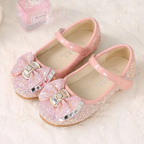 

Flat with Princess Girls Shoes For Children Leather Shoes Kids Girls Glitter Bow Knot Microfiber White Pink Red Blue shoe