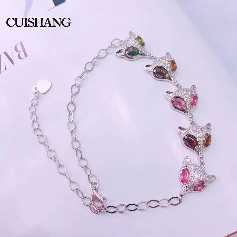 

CSJ Cute fox 925 Sterling Silver Fine Jewelry Bracelets Natural Gemstone Multicolor Tourmaline fine wedding Engagment for women